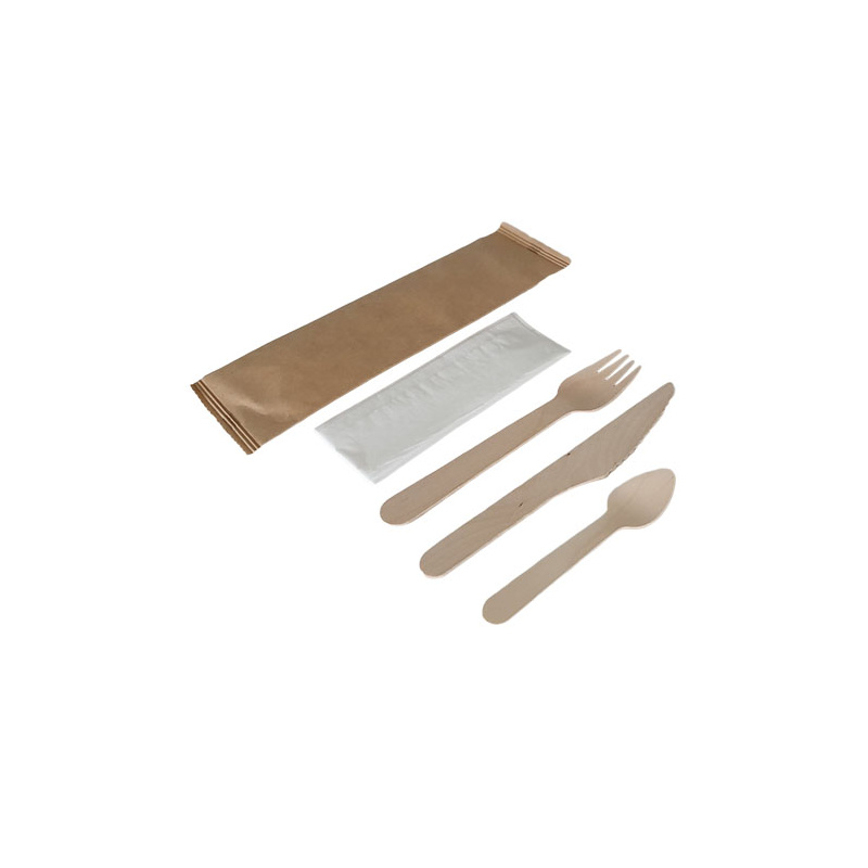 Kit couverts bois 2/1: fourchette-cuillère serviette, emballage